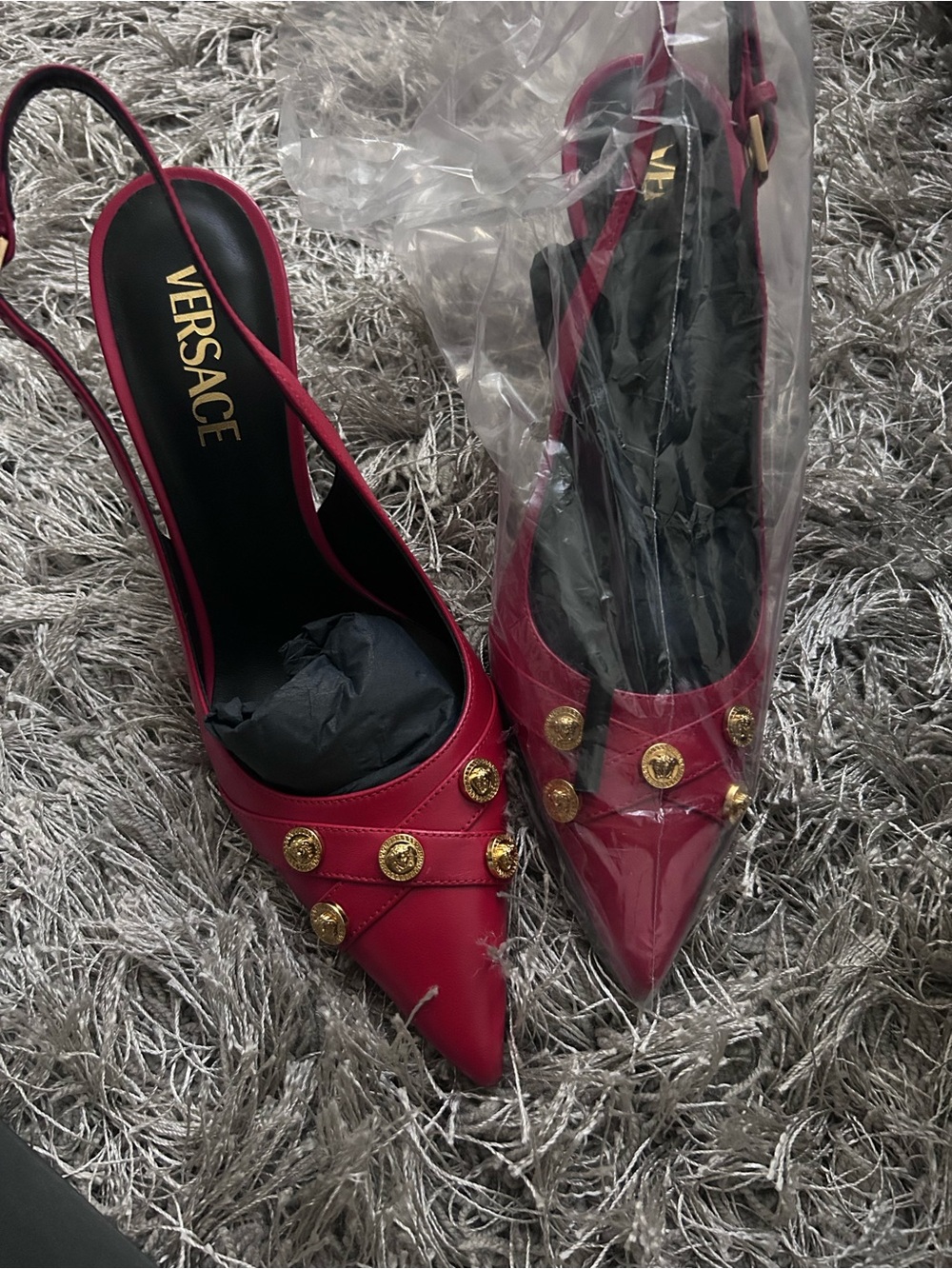 Versace Red Pointed Slingback Heels with Gold Medallions
